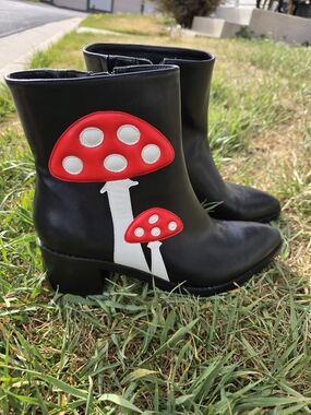 Mclc Black Ankle Boots with Red & White Mushroom Appliqué